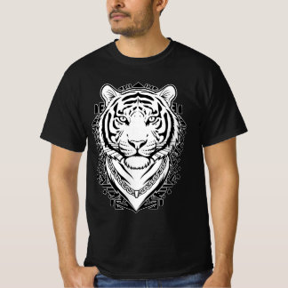 T-shirt Visage de tigre minimaliste en ligne art noir et b