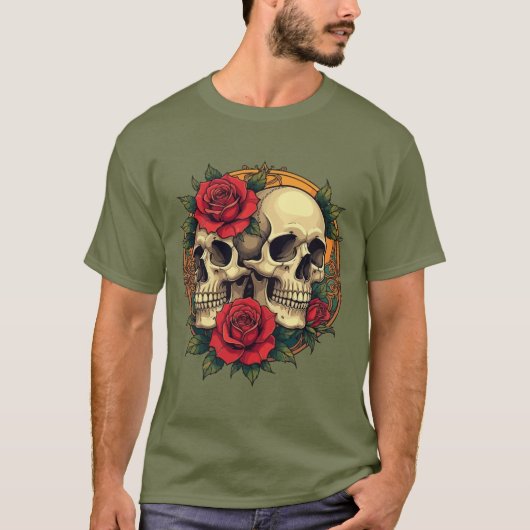 T-shirt Visages du crâne avec des roses rouges (Devant)