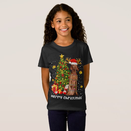 T-Shirt Vizsla feux de Noël Arbre Père Noël Noël Pyjamas V (Devant entier)