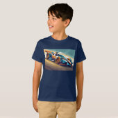 T-shirt Voiture de course bleue et orange sur piste (Devant entier)
