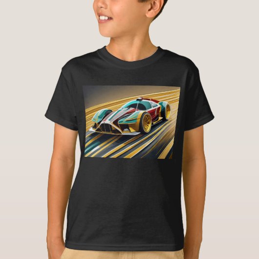 T-shirt Voiture de course bleue, or et rouge (Devant)