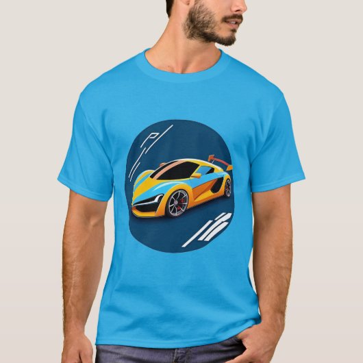 T-shirt Voiture de sport jaune sur Arrière - plan bleu (Devant)