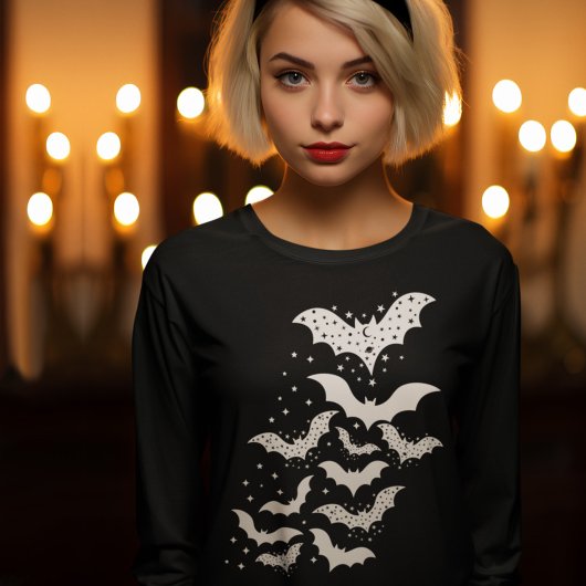 T-shirt Voler Halloween Galaxy Bats blancs et étoiles