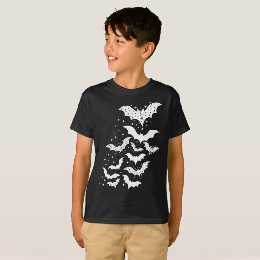 T-shirt Voler Halloween Galaxy Bats blancs et étoiles (Devant entier)