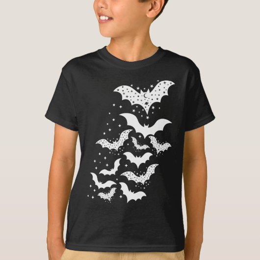 T-shirt Voler Halloween Galaxy Bats blancs et étoiles (Devant)