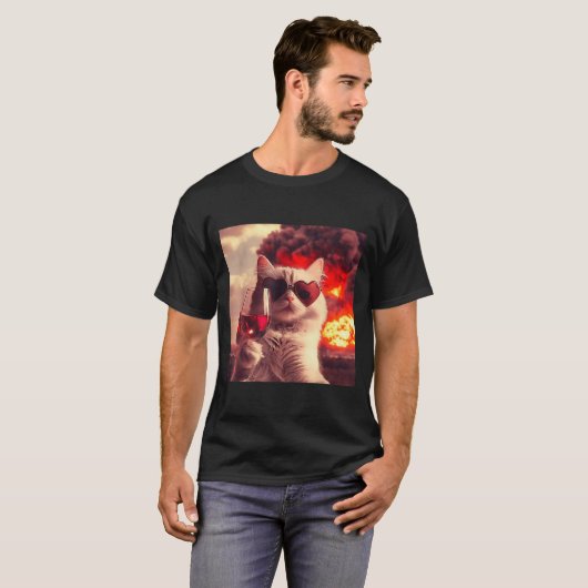T-shirt Wacky Cat Holding Wine Selfi With Fire Funny Sungl (Devant entier)