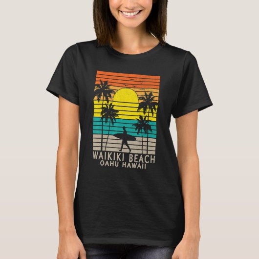 T-shirt Waikiki Beach Oahu Hawaii Surfer Palm Tree Surfing (Devant)