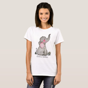 T-shirt Watercolor Cute Baby Elephant With Blush & Flowers