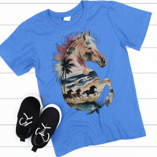 T-shirt Watercolor Horse Silhouette Tropical Ocean Sunset