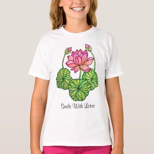 T-shirt Watercolor Pink Lotus with Buds & Leaves (Devant)