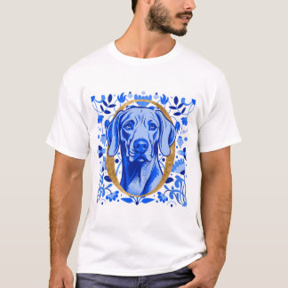 T-shirt Weimaraner peering thru the letter "O" in Gold