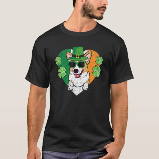 T-shirt Welsh Corgi Dog Leprechaun Hat Irish Flag St Patri (Devant)