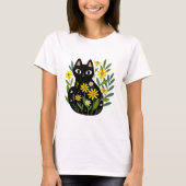 T-shirt Whimsical Black Cat with Yellow Flowers  (Devant)