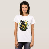 T-shirt Whimsical Black Cat with Yellow Flowers  (Devant entier)