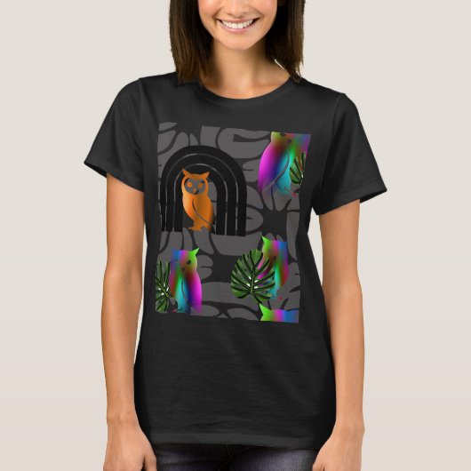 T-shirt Whimsical Boho Owl & Tropical Monstera Leaf (Devant)