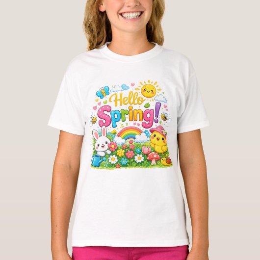T-shirt Whimsical "Hello Spring" Illustration with Bunny (Devant)