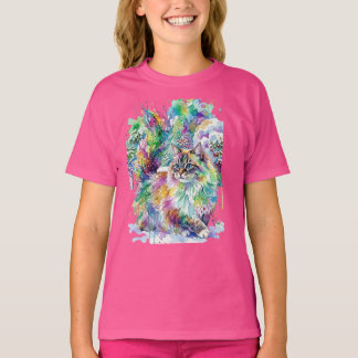 T-shirt Whimsical Rainbow Watercolor Fluffy Cat in Winter 