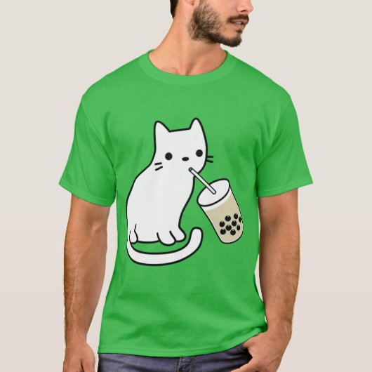 T-shirt White Cat Drinking Boba Milkea boy (Devant)