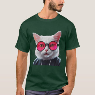 T-shirt White Cat with Pink Glasses Cool
