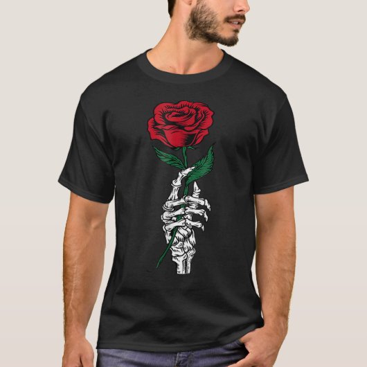 T-shirt White Skeleton Hand Holding Rose Flower Funny Vale (Devant)