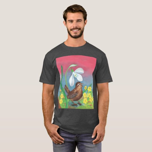 T-shirt White Snowdrop Wren Bird in Spring Illustration fu (Devant entier)