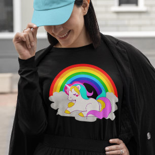 T-shirt White Unicorn Cloud Arc-en-ciel pour femmes à manc