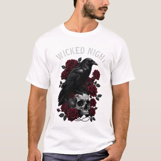 T-shirt Wicked Night Raven & Skull Gothic Halloween T-Shir (Devant)