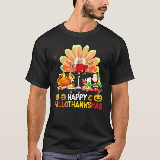 T-shirt Wine Glass Thankgiving  Happy Hallothanksmas Costu (Devant)