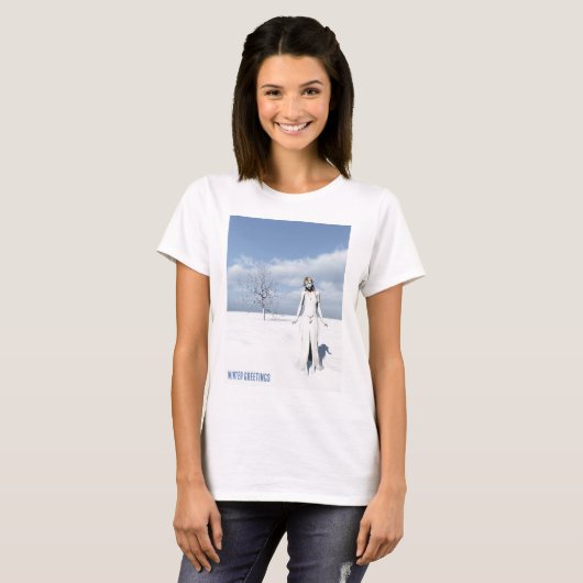T-shirt Winter Greetings. Female elf walking in the snow (Devant entier)