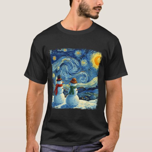 T-shirt Winter Snowman Van Gogh Starry Night Christmas  (Devant)