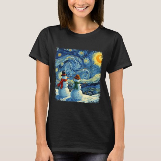 T-shirt Winter Snowman Van Gogh Starry Night Christmas (Devant)