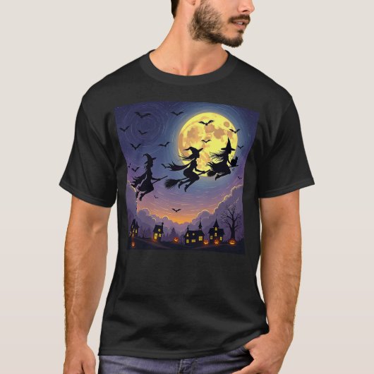 T-shirt witch Halloween witches Starry Night Van Gogh cat (Devant)