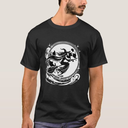 T-shirt Witch On Broom With Full Moon Funny Design for Hal (Devant)
