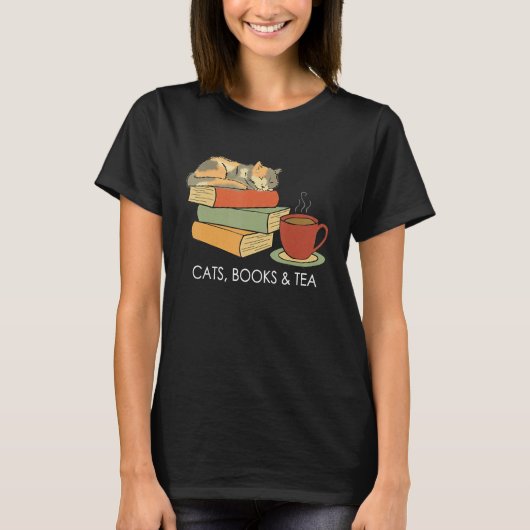 T-shirt With Cats Books And Tea   Reading (Devant)
