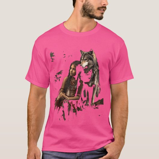 T-shirt Wolf Et Indienne Femme Indigène Ethnique Indienne  (Devant)