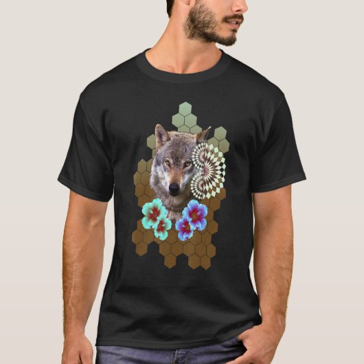 T-shirt Wolf Floral Flower Alien Honeycomb Olive to Brown (Devant)