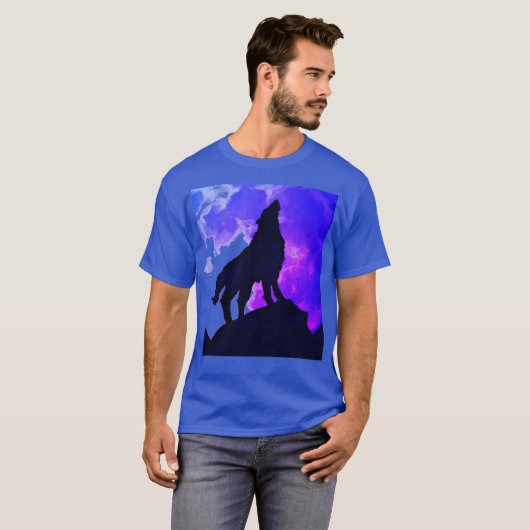 T-shirt Wolf Howling at Moon Blue (Devant entier)