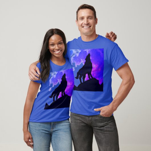 T-shirt Wolf Howling at Moon Blue (Unisexe)