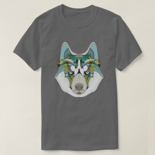 T-shirt Wolf husky embelli vert bleu (Design devant)