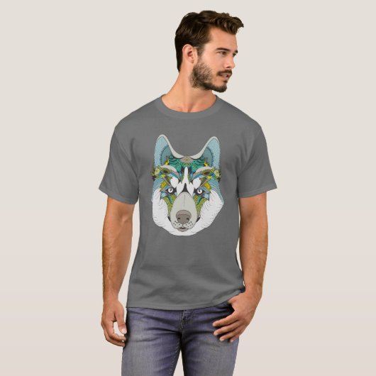 T-shirt Wolf husky embelli vert bleu (Devant entier)