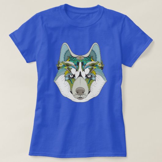 T-shirt Wolf husky embelli vert bleu (Design devant)