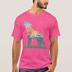 T-shirt Wolf Montagnes Oiseaux Volant Coucher De Soleil Ou