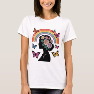 T-shirt Woman Silhouette Floral Rainbow Butterfly Art