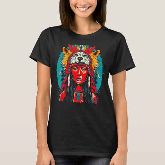 T-shirt Woman Wolf Head Native American Indigenous (Devant)