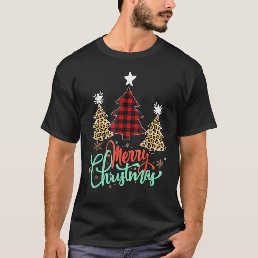 T-shirt Women Leopard Plaid Christmas Tree Merry Christmas (Devant)