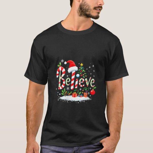 T-shirt Womens Believe Santa Believer Christmas Candy Cane (Devant)