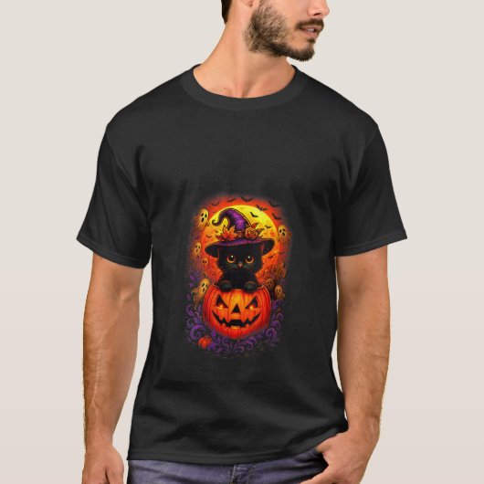 T-shirt Womens Black Cat Witch Hat Pumpkin Funny Halloween (Devant)