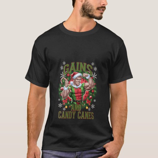T-shirt Womens Christmas Elf Gym Workout Gains and Candy C (Devant)