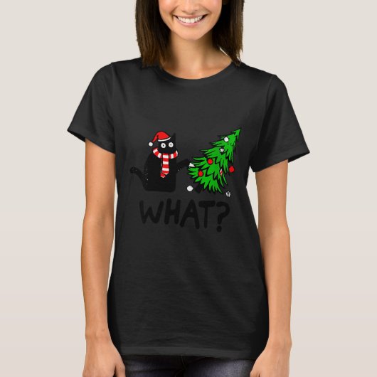 T-shirt Womens Funny Black Cat Gift Pushing Christmas Tree (Devant)