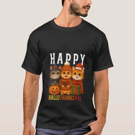 T-shirt Womens Happy Hallothanksmas Cats Halloween Thanksg (Devant)